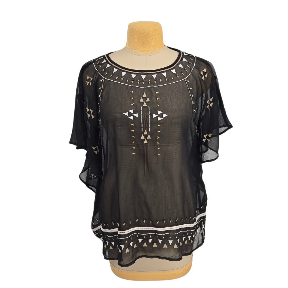 Lane Bryant Blouse Womens 14/16 Black Sheer Embroidered Top Boho Festival Tribal